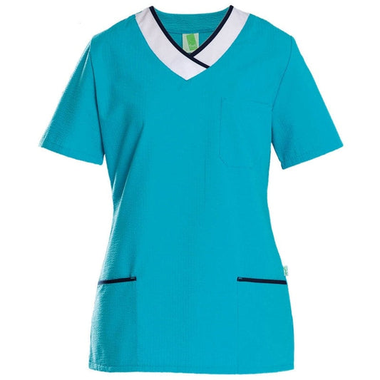 Womens's Seersucker Scrub Top Lagoon/White | 3Xl